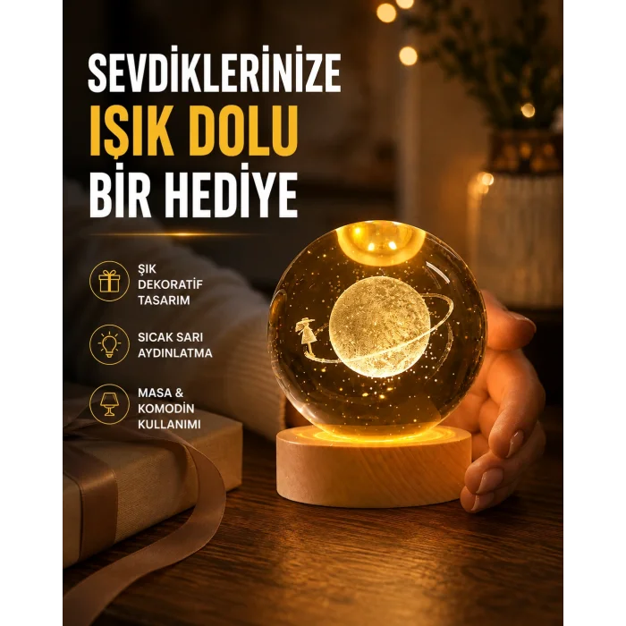 Ahşap Standlı Sarı Işıklı Dekoratif Küre Kız Figürü Tasarım