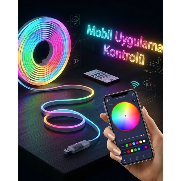 Akıllı RGB LED Neon Şerit Işık 3M USB Bağlantılı Uzaktan Kumanda ve Mobil Uygulama Kontrolü