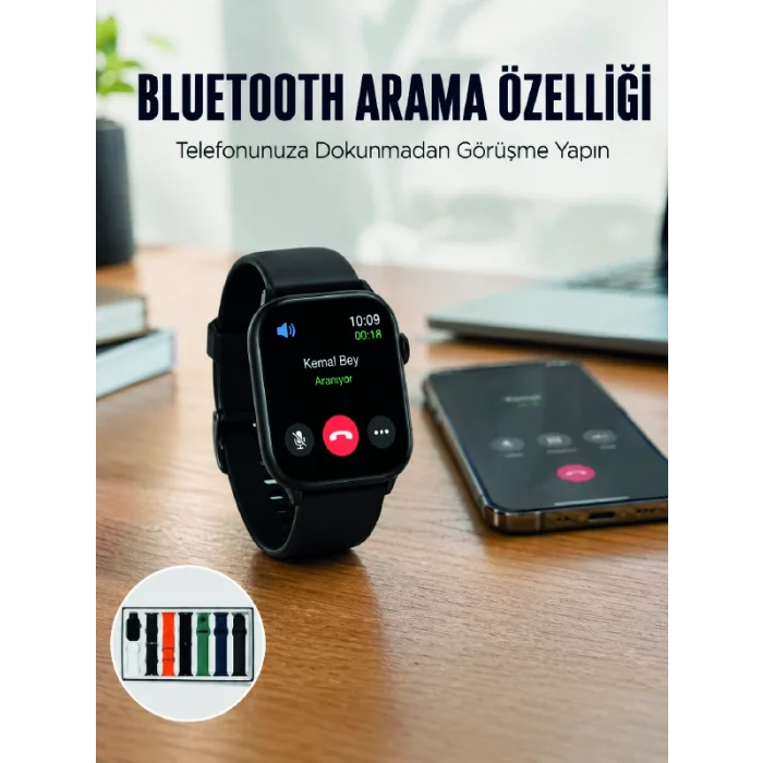 Akıllı Saat 7 Kordonlu Bluetooth Aramalı Nabız ve Dokunmatik Akıllı Saat