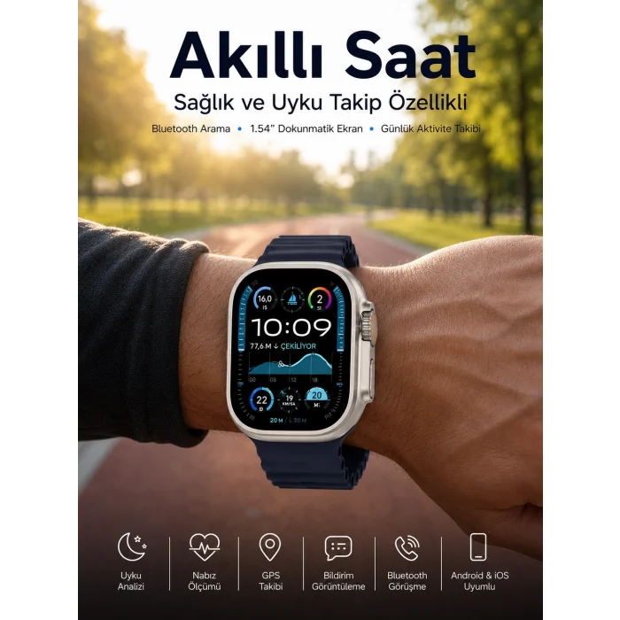 Akıllı Saat Bluetooth Bağlantılı NFC ve GPS Uyumlu Nabız Ölçer Sesli Görüşme Yeni Nesil
