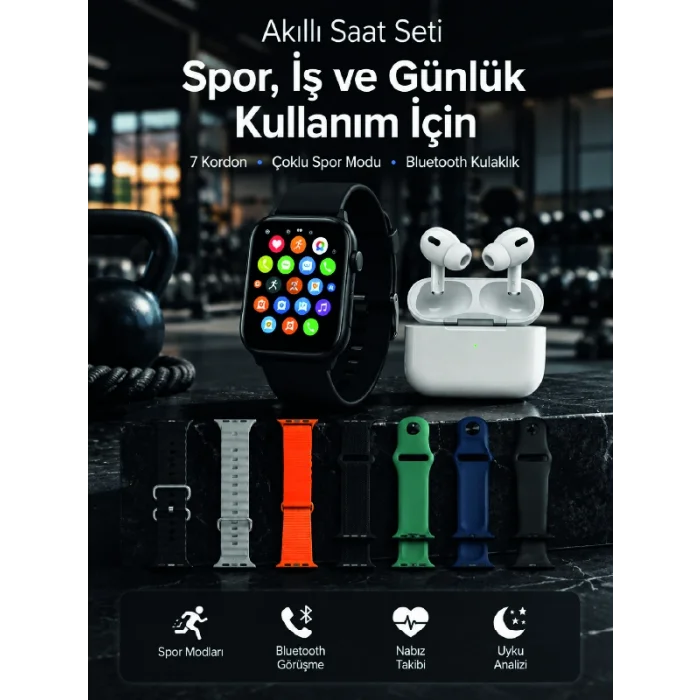 Akıllı Saat, Bluetooth Kulaklık ve 7 Farklı Kordon Tek Kutuda Günlük Kullanım ve Spor İçin