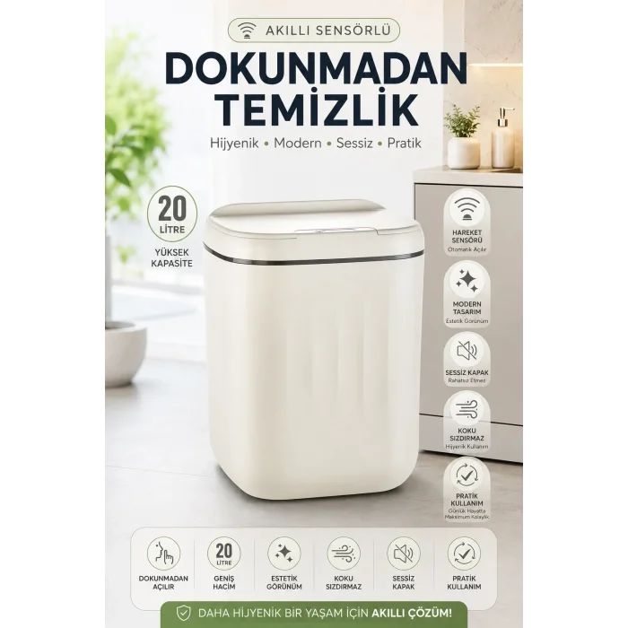 Akıllı Sensörlü 20 Litre Çöp Kovası Sessiz Kapaklı Modern Hijyenik Ev Tipi Çöp Kutusu