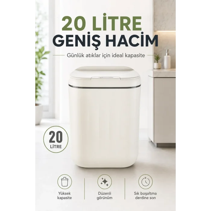 Akıllı Sensörlü 20 Litre Çöp Kovası Sessiz Kapaklı Modern Hijyenik Ev Tipi Çöp Kutusu