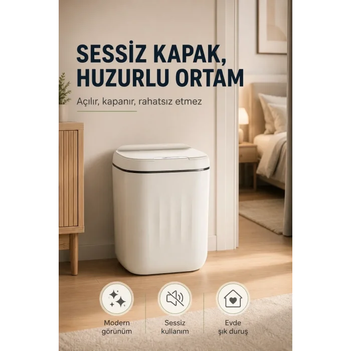 Akıllı Sensörlü 20 Litre Çöp Kovası Sessiz Kapaklı Modern Hijyenik Ev Tipi Çöp Kutusu