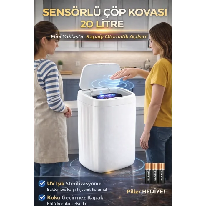 Akıllı Teknolojik Sensörlü Otomatik Açılan Kapak 20 Litre Çöp Kovası Uv Işıklı