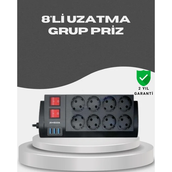 Akım Korumalı 8’li Priz 3 USB’li Uzatma Kablosu Isıya Dayanıklı 2 Metre