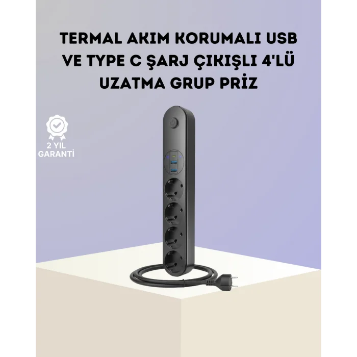 Akım Korumalı Çoklu Priz 4’lü 2 USB 1 Type-C 2500W Güçlü Tasarım