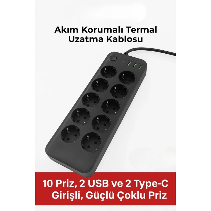 Akım Korumalı Termal Uzatma Kablosu – 10 Priz, 2 USB ve 2 Type-C Girişli, Güçlü Çoklu Priz (5047)