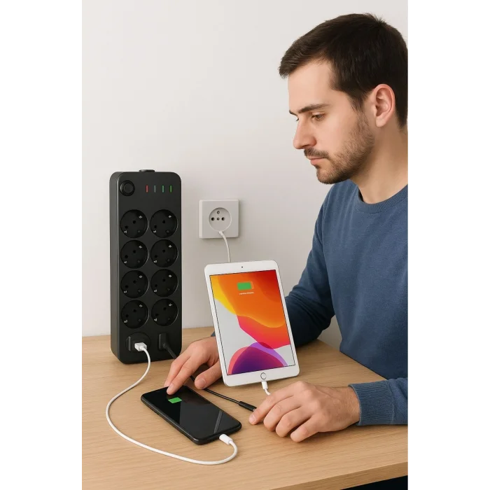 Akım Korumalı Termal Uzatma Kablosu – 10 Priz, 2 USB ve 2 Type-C Girişli, Güçlü Çoklu Priz (5047)