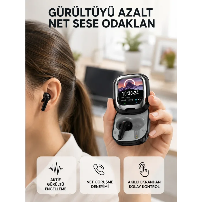 Aktif Gürültü Engelleme Özellikli Kablosuz Kulaklık – Akıllı Ekranlı Şarj Kutusu