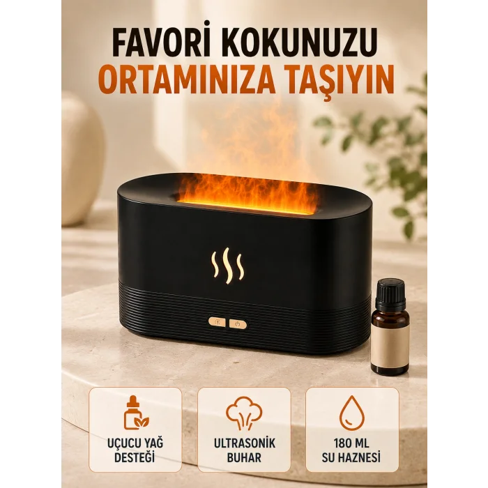 Alev Efektli Aroma Difüzörü Uçucu Yağ Destekli USB Hava Nemlendirici
