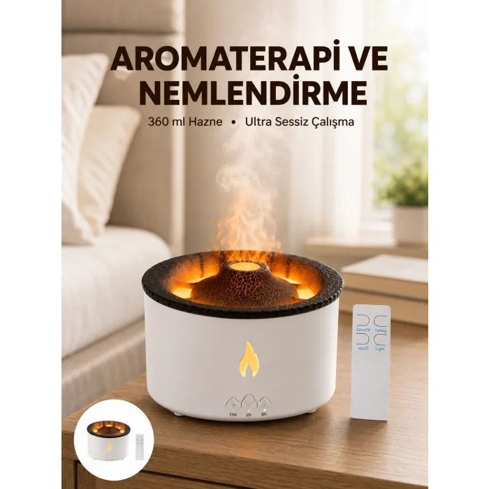 Alev Efektli Aromaterapi Difüzörü – 360 ml Su Hazneli, Sessiz ve Zaman Ayarlı Yeni Nesil