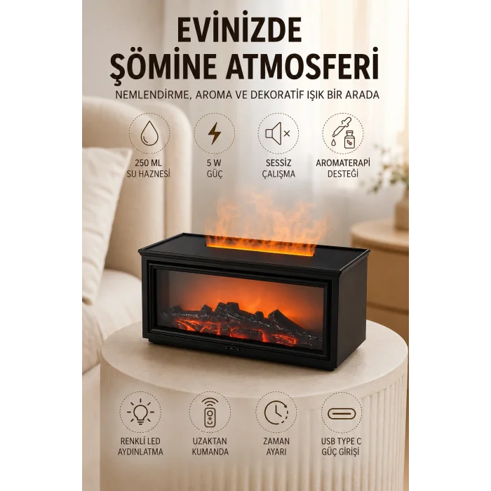 Alev Efektli Hava Nemlendirici Aromaterapi Difüzörü Uzaktan Kumandalı 250 ML