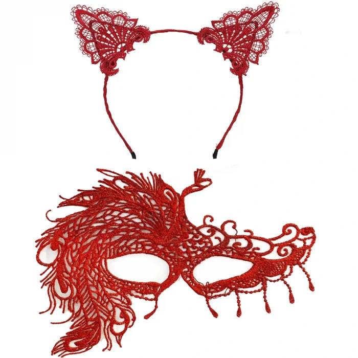 Alevin Zarafeti Kırmızı Dantel Maske ve Taç Seti 4 No – Kadın Kostüm Tamamlayıcı (5047)