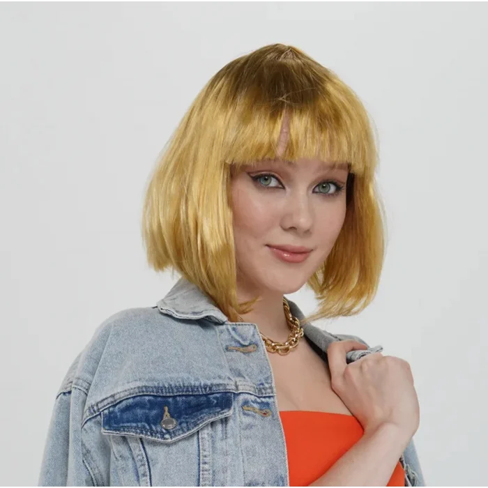 Altın Renk Düz Kesim Küt Parti Peruğu Kısa Takma Saç