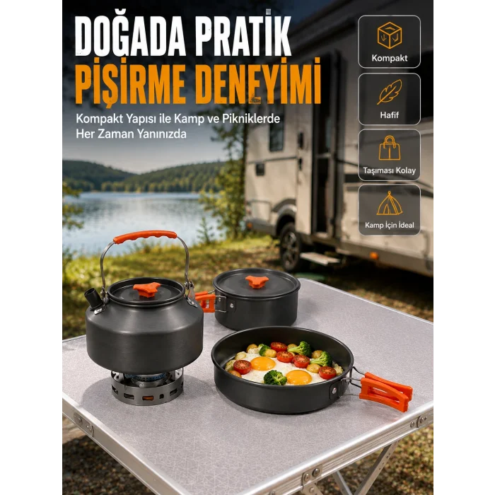 Alüminyum Kamp Pişirme Seti Katlanabilir Kulplu Çaydanlık Tencere Tava Outdoor Yemek Seti