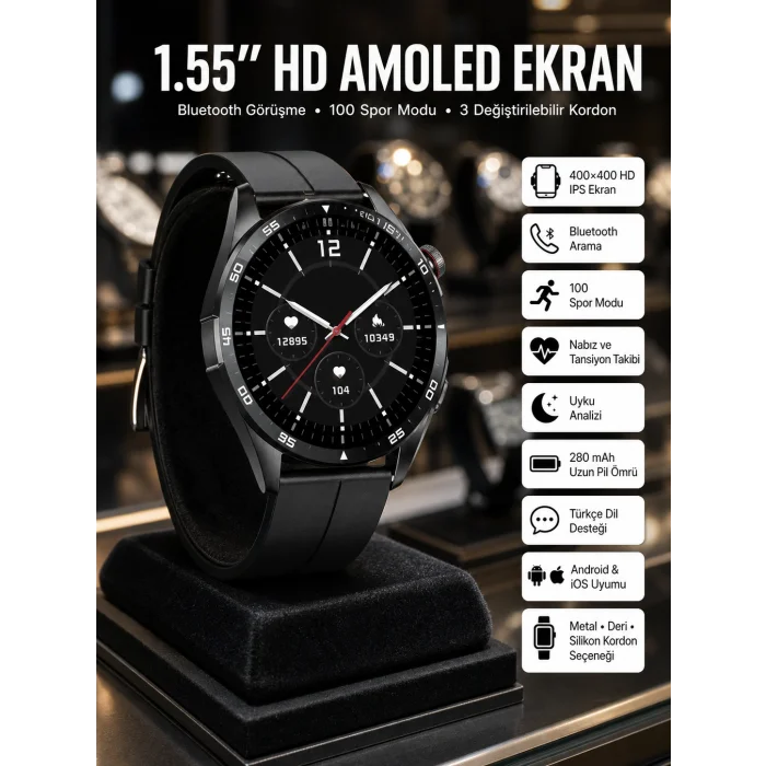 Amoled Ekran 3 Kordonlu Akıllı Saat 5.0 Bluetooth Bağlantılı Android ve İOS Uyumlu
