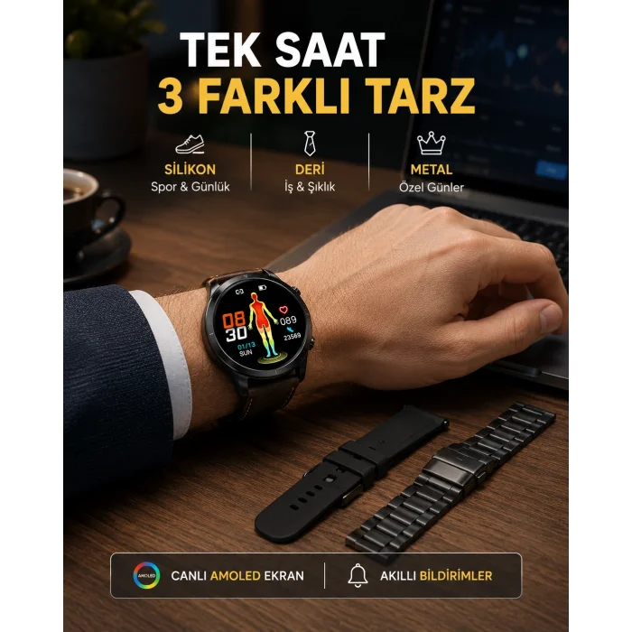 AMOLED Ekranlı Akıllı Saat – 3 Kordon Seçenekli, Suya Dayanıklı, Kalp Atış ve Uyku Takip Özellikli