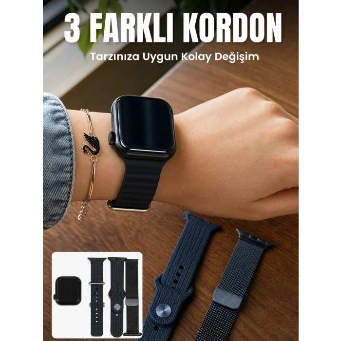 AMOLED Ekranlı Bluetooth Aramalı 3 Kordonlu Akıllı Saat