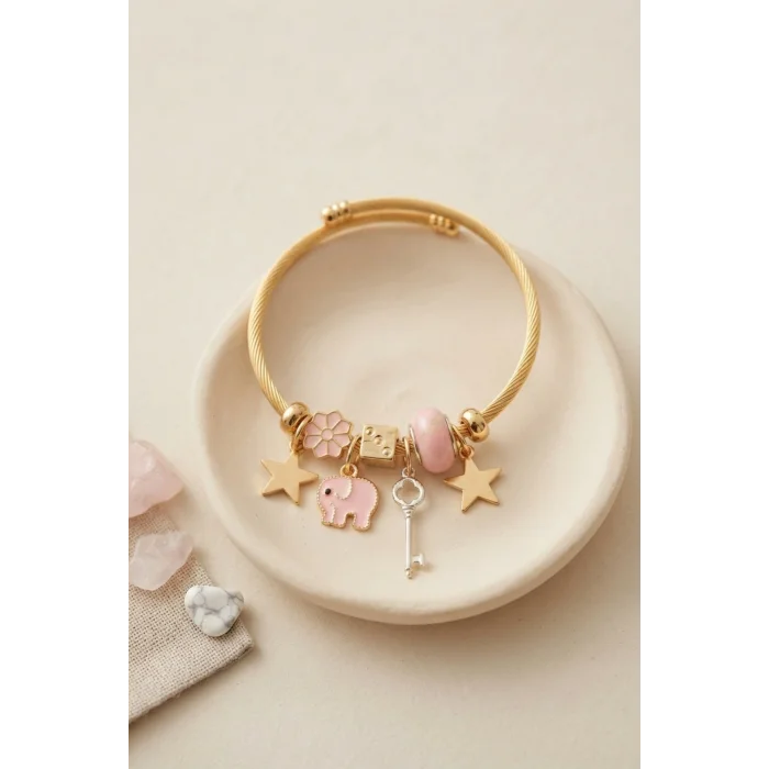 Anahtar ve Fil Model Pembe Charmlı Bileklik