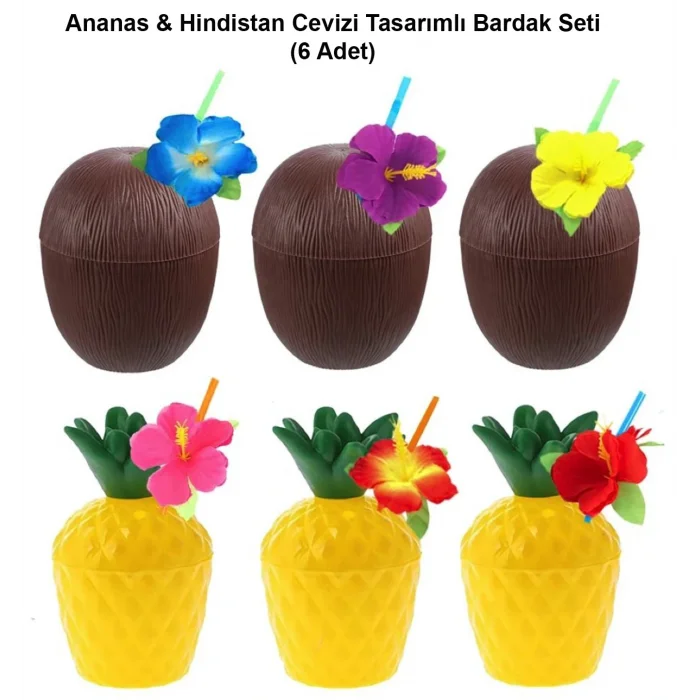 Ananas &amp;amp; Hindistan Cevizi Tasarımlı Pipetli Bardak Seti (6 Adet) (5047)