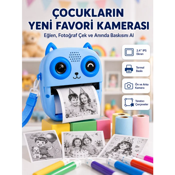 Anında Baskılı Çocuk Fotoğraf Makinesi Termal Yazıcılı Selfie Kamerası