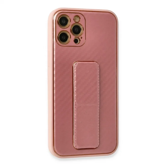 Apple İphone 12 Pro Kılıf Coco Karbon Standlı Kapak - Pembe