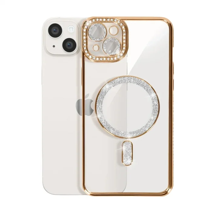 İphone 14 Kılıf Joke Simli Magneticsafe Kılıf - Gold