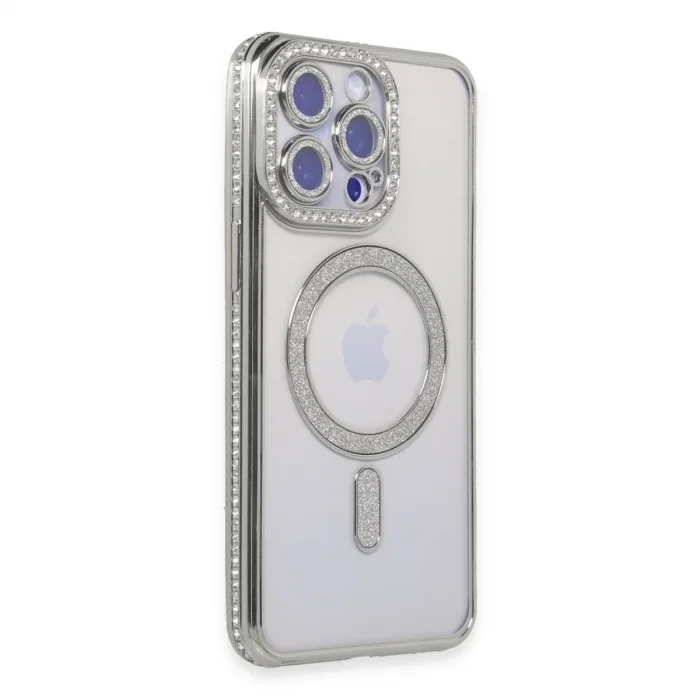 Apple İphone 15 Pro Kılıf Joke Simli Magneticsafe Kılıf - Gümüş