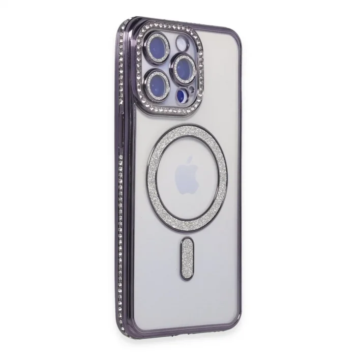 Apple İphone 15 Pro Max Kılıf Joke Simli Magneticsafe Kılıf - Derin Mor