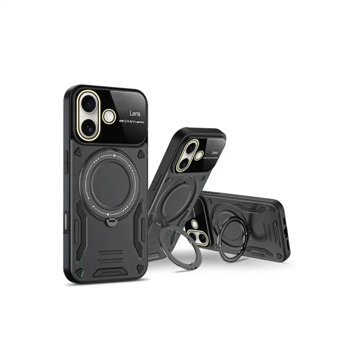 Apple İphone 16 Kılıf Joy Lens Standlı Kapak - Siyah