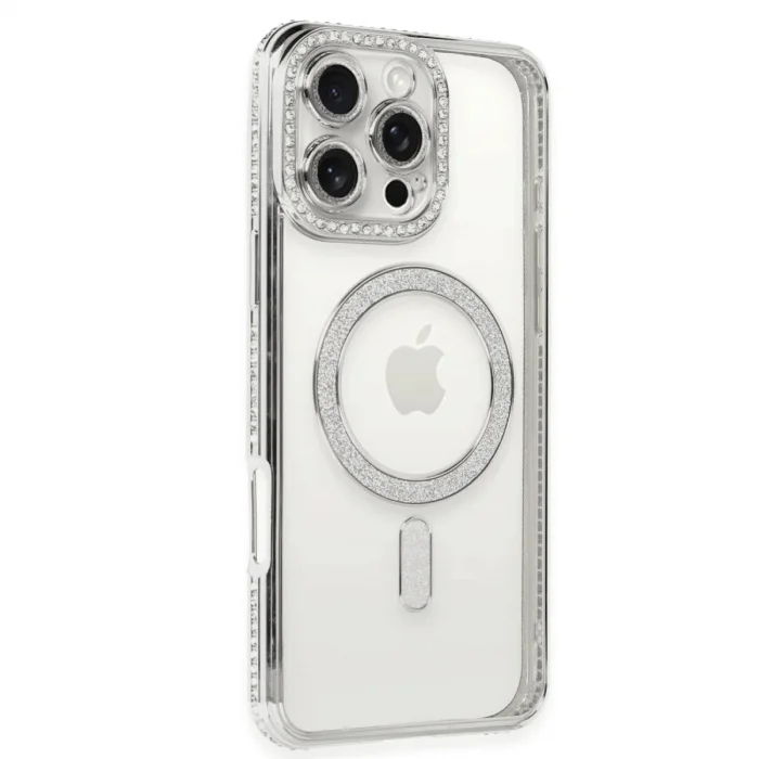 Apple İphone 16 Pro Kılıf Joke Simli Magneticsafe Kılıf - Gümüş
