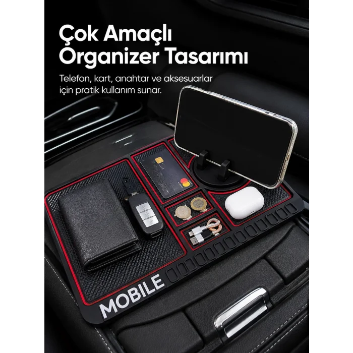 Araç İçi Kaydırmaz Organizer Mat Telefon Standlı Çok Amaçlı Konsol Düzenleyici
