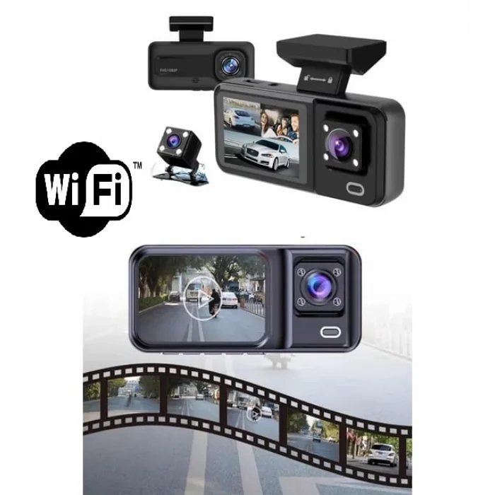 Araç Kamerası - 3 Kameralı Wifi Ön , İç ve Arka Full HD DVR Araç İçi Ekranlı Kamera