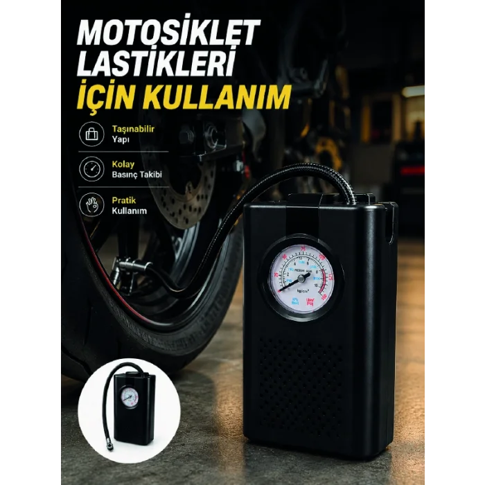 Araç Lastik Şişirme Pompası Taşınabilir Analog Basınç Göstergeli Hava Kompresörü