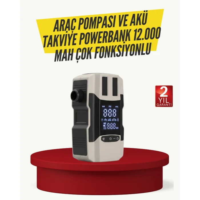 Araç Lastik Şişirme Pompası ve Akü Takviye Powerbank Bir Arada