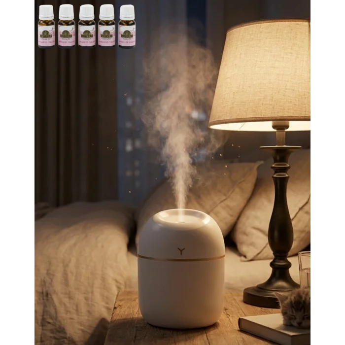 Araç ve Ofis İçin Mini Nemlendirici 5 Esans Hediyeli USB LED Işıklı Buhar Makinesi