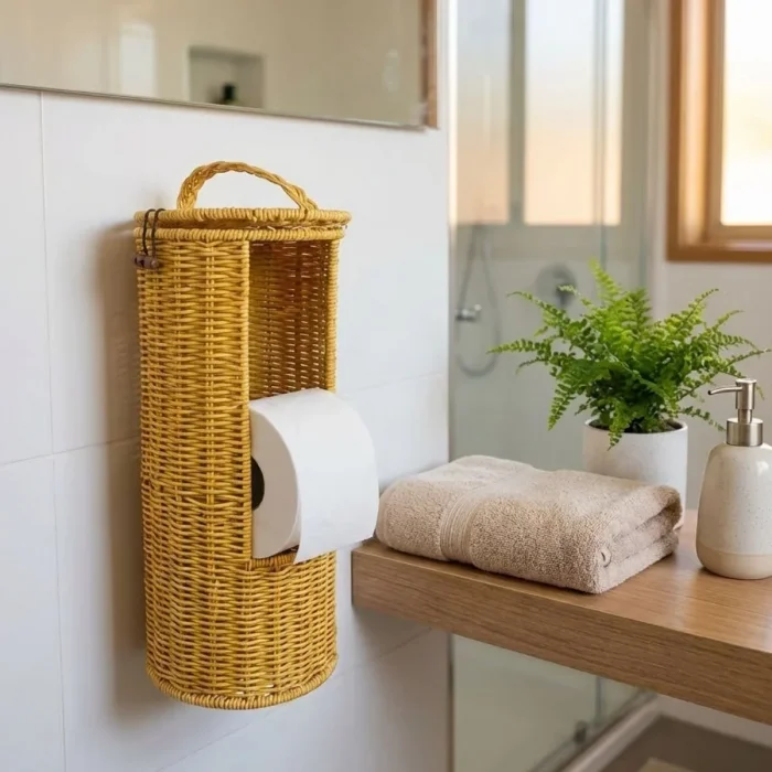 Askılı Plastik Rattan Tuvalet Kâğıdı Standı – Hasır Görünümlü, Kapaklı, Yedekli WC Kâğıtlık, Banyo ve Tuvalet İçin Dekoratif Organizer