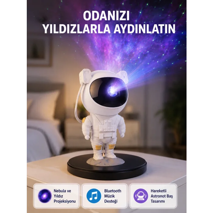 Astronot Projeksiyon Lambası Bluetooth Müzikli ve Uzaktan Kumandalı