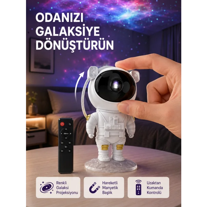 Astronot Şekilli Galaxy Projeksiyon Lambası Nebula Efektli Dekoratif Lamba
