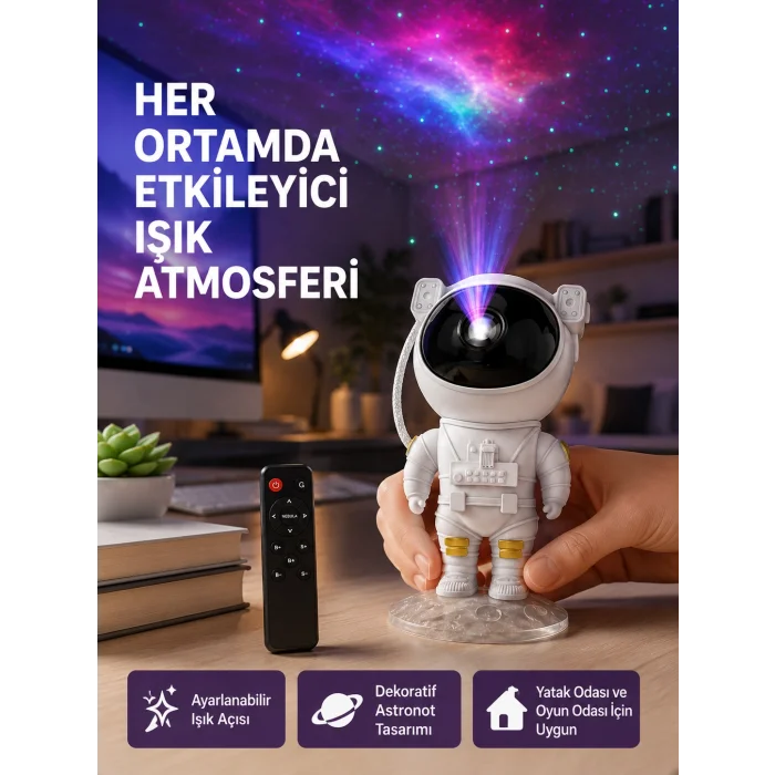 Astronot Yıldız Projeksiyon Lambası 8 Efektli Uzaktan Kumandalı Gece Işığı