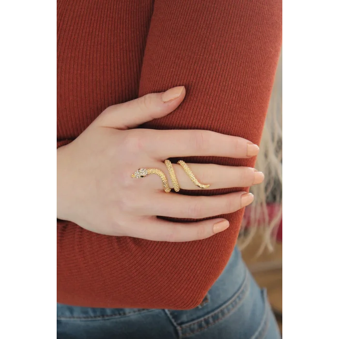 Ayarlanabilir Gold Renk Zirkon Taşlı Yılan Yüzük