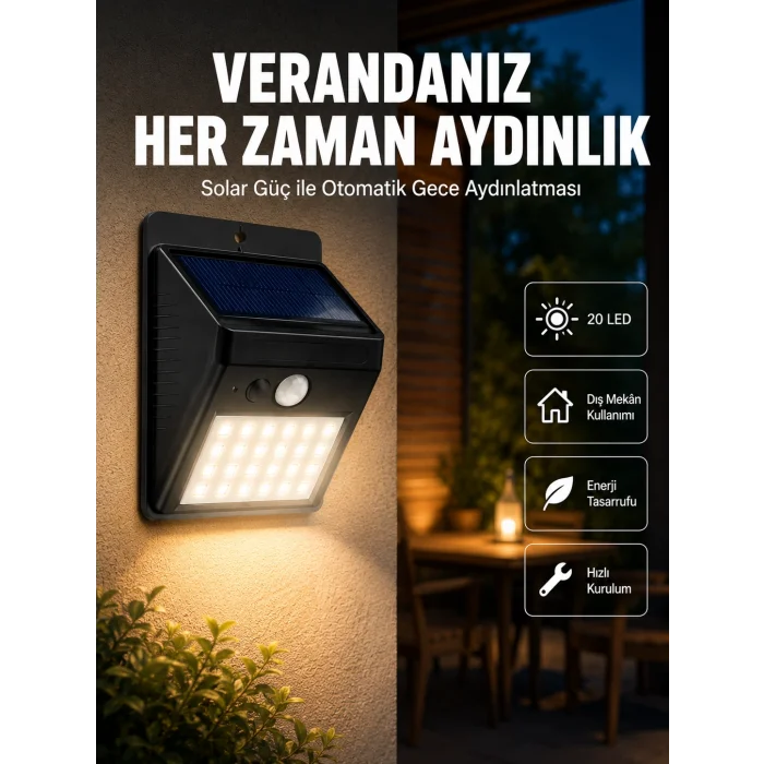 Bahçe ve Dış Mekanlar İçin Güneş Enerjili 20 LED Hareket Sensörlü Lamba Yeni Nesil