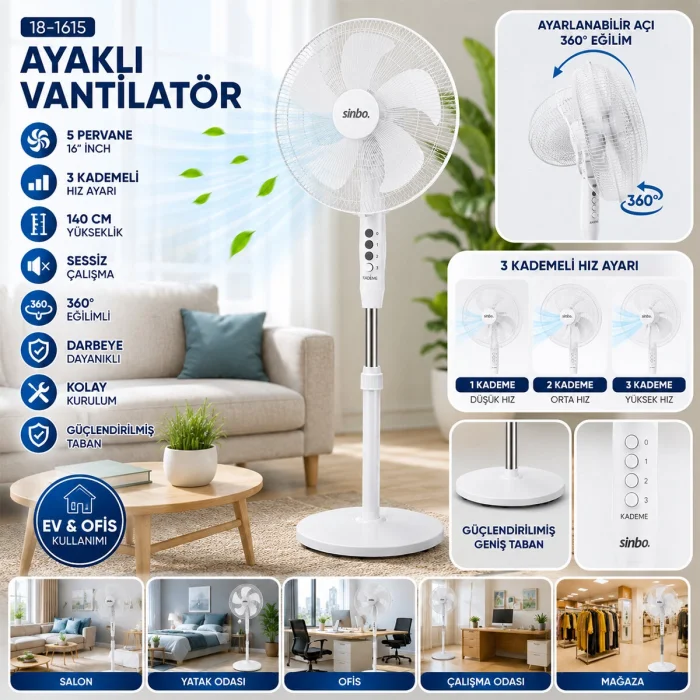 BEYAZ 5 PERVANE - 16 INC EV - OFİS KOMPAKT - SESSİZ - ÜÇ KADEME 140CM YÜKSEKLİK AYAKLI VANTİLATÖR SF-6789 (5047)