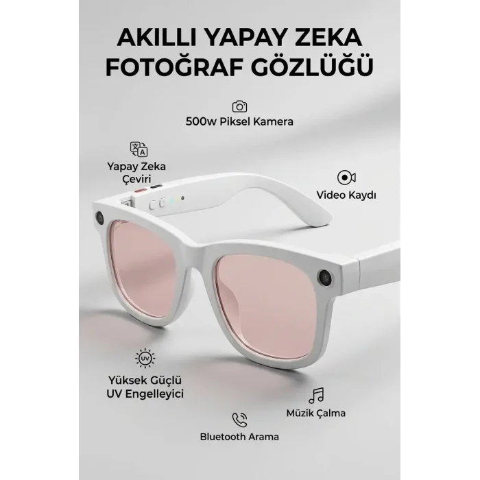 Beyaz Aı Akıllı Gözlük No 09 Kameralı Bluetooth Beyaz Çerçeveli Kamera Mikrofonlu Akıllı Gözlük