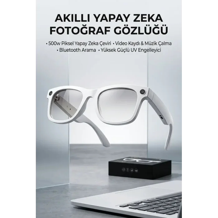 Beyaz Aı Akıllı Gözlük No 14 Kameralı Bluetooth Günlük Kullanım İçin Beyaz Renk Akıllı Gözlük Modeli