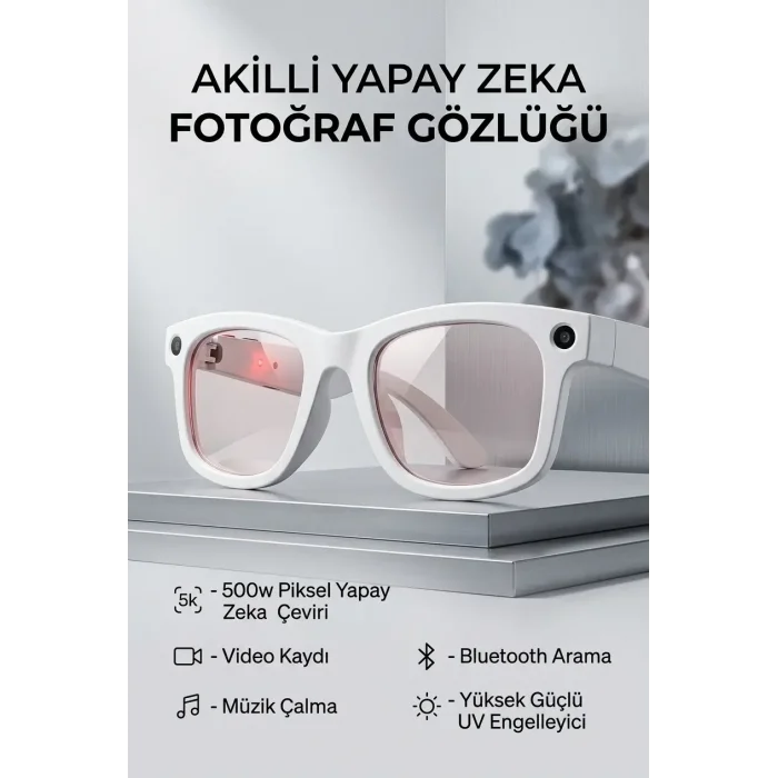 Beyaz Aı Akıllı Gözlük No 16 Kameralı Bluetooth Yapay Zeka Asistanlı Kameralı Bluetooth Akıllı