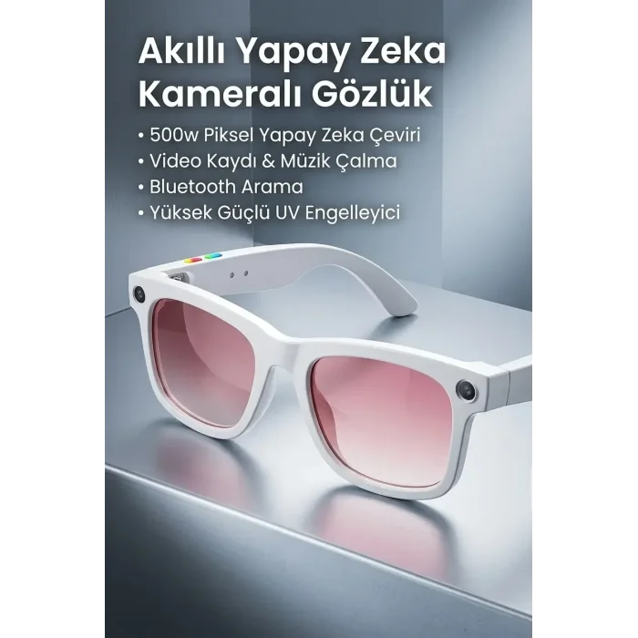 Beyaz Aı Akıllı Gözlük No 18 Kameralı Bluetooth Beyaz Çerçeveli Kamera Mikrofonlu Akıllı Gözlük