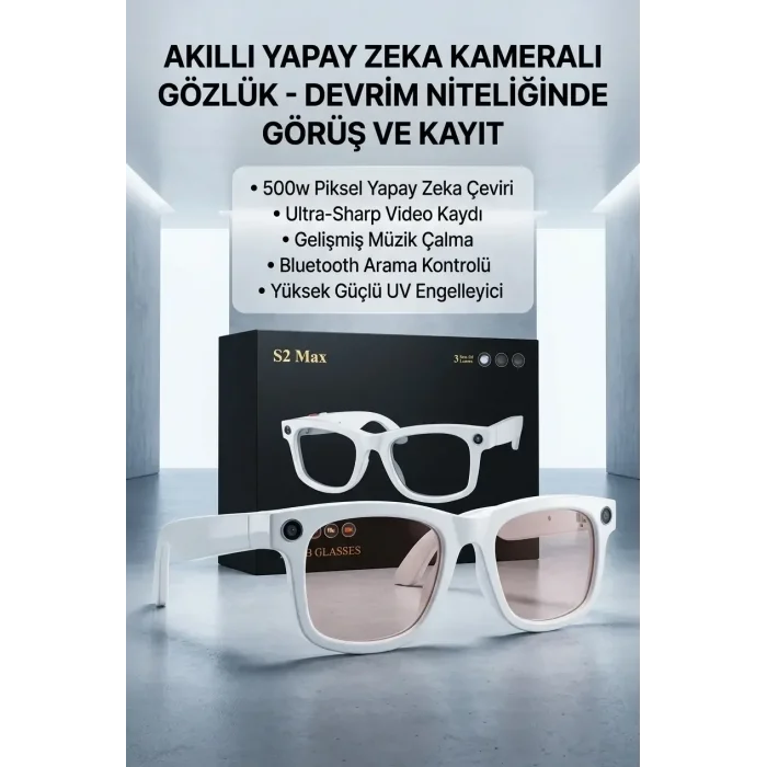 Beyaz Aı Akıllı Gözlük No 19 Kameralı Bluetooth 8mp Kamera Fotoğraf Video Ve Ses Kayıt Özellikli