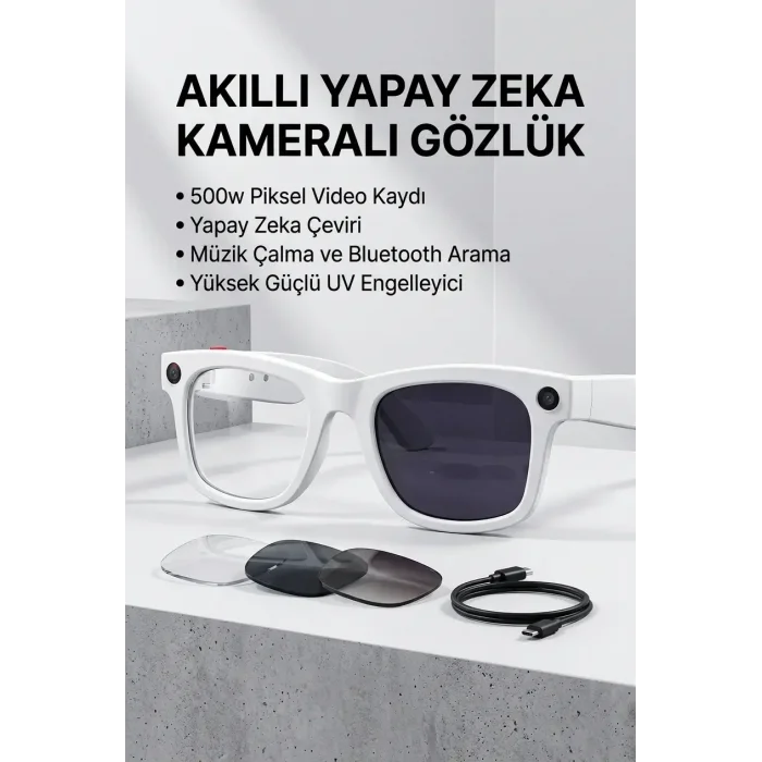 Beyaz Aı Akıllı Gözlük No 20 Kameralı Bluetooth Bluetooth Müzik Telefon Görüşmesi Ve Hızlı Şarjlı